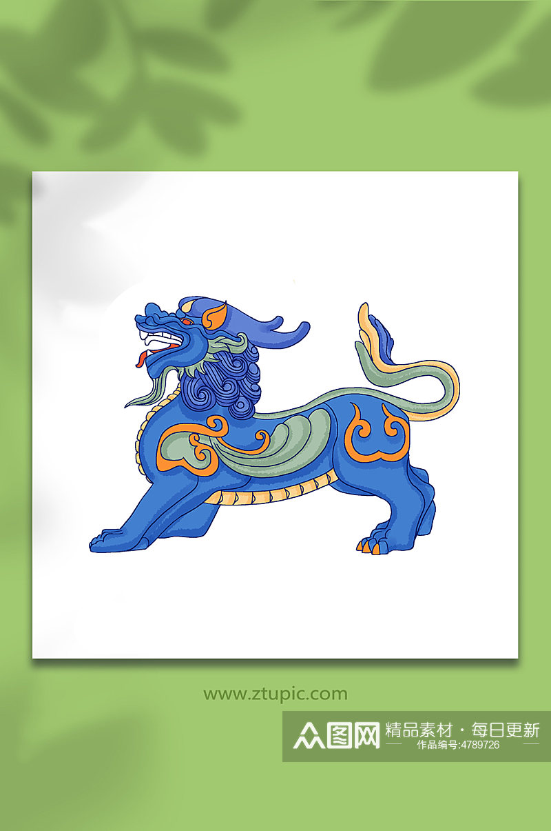 蓝色瑞兽传说古代国潮生物麒麟神兽插画元素素材