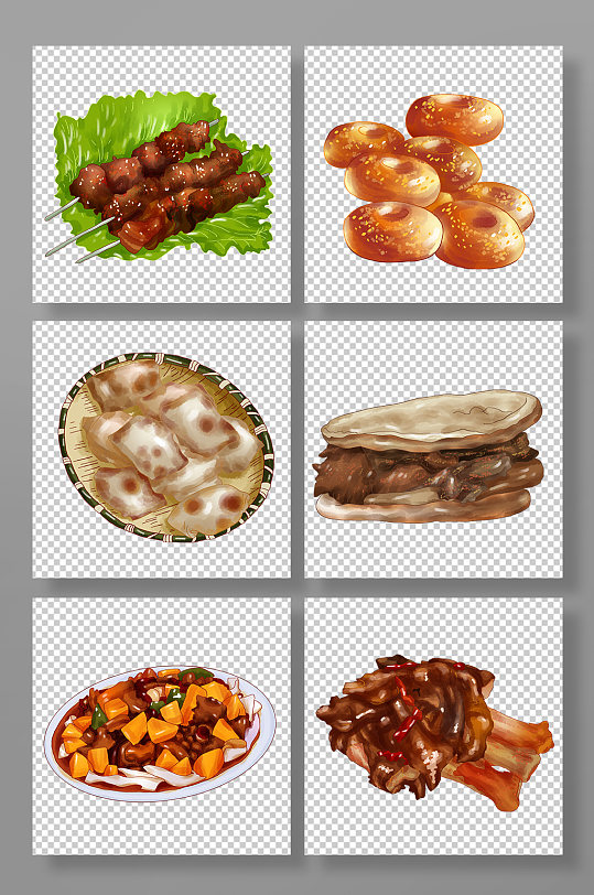 羊肉串大盘鸡羊蹄新疆特色美食元素插画-众图网