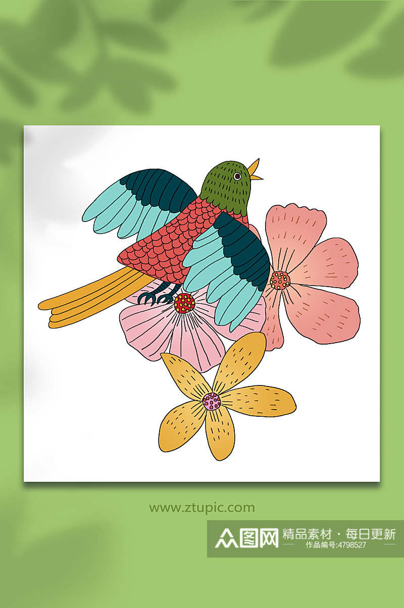五彩飞禽卡通鸟类动物春季小鸟花卉元素插画素材