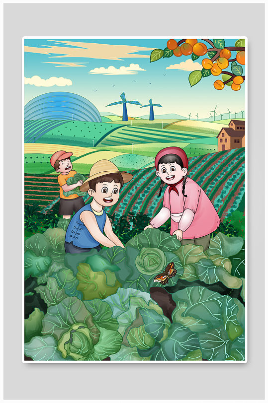 菜园蔬菜菜农收割丰收田野乡村村庄风景插画