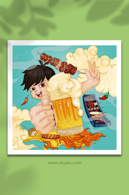 啤酒宵夜羊肉串烧烤撸串美食人物插画-众图网