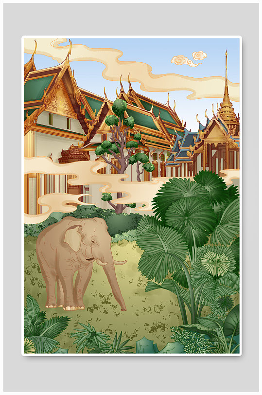 热带建筑大象泰国旅游风光插画