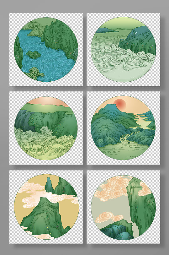 唯美图案传统中国风线性山水祥云元素-众图网