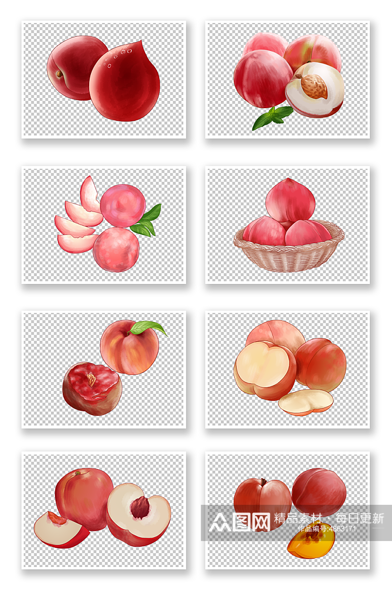 多汁果肉香甜水蜜桃水果元素插画素材