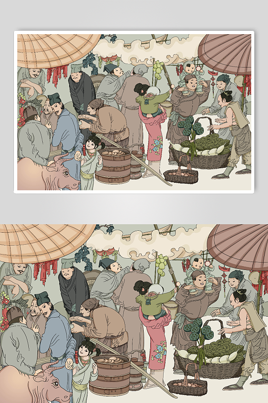 中国风美食国潮市场古代古风集市包子铺摊位人物插画
