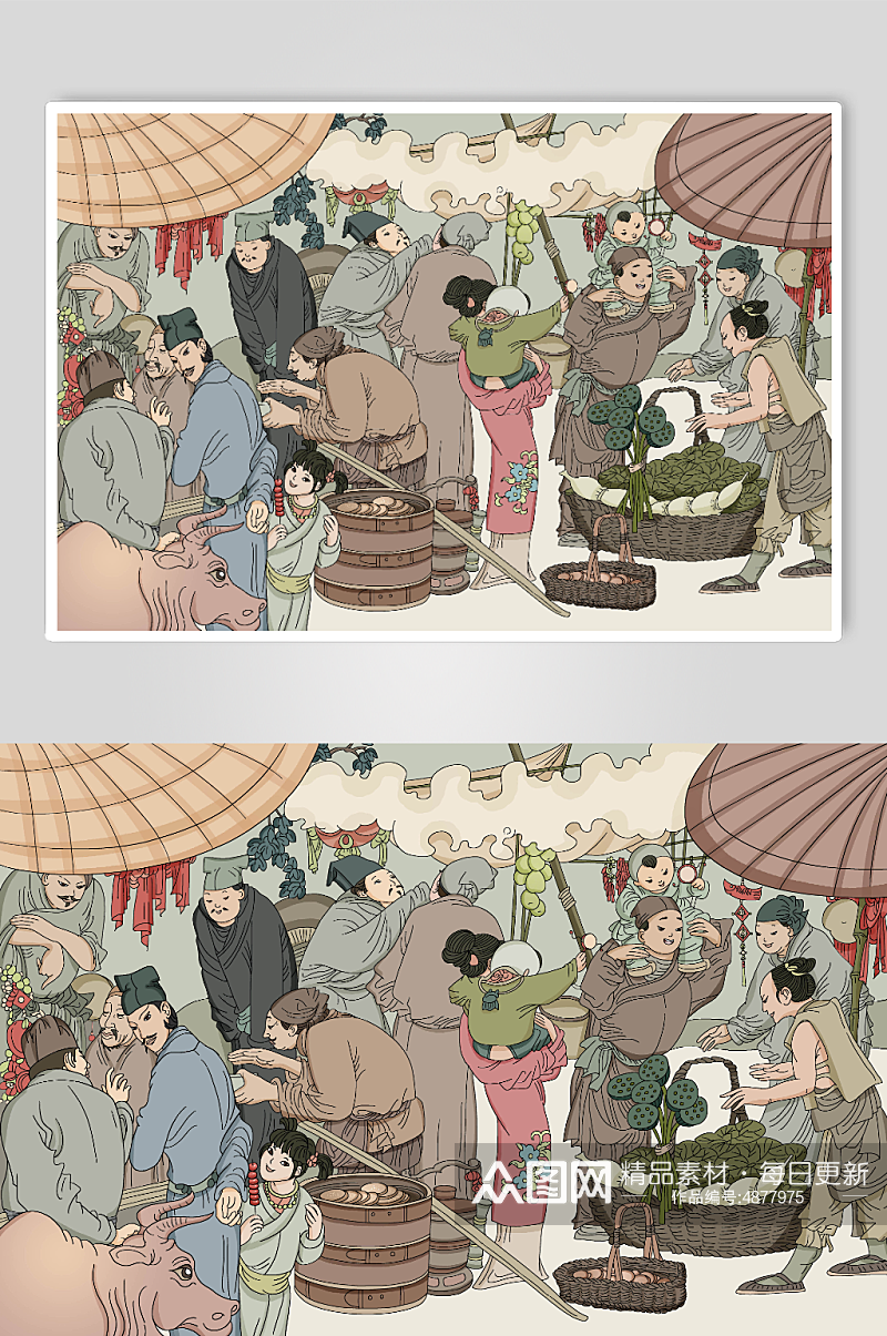 中国风美食国潮市场古代古风集市包子铺摊位人物插画素材
