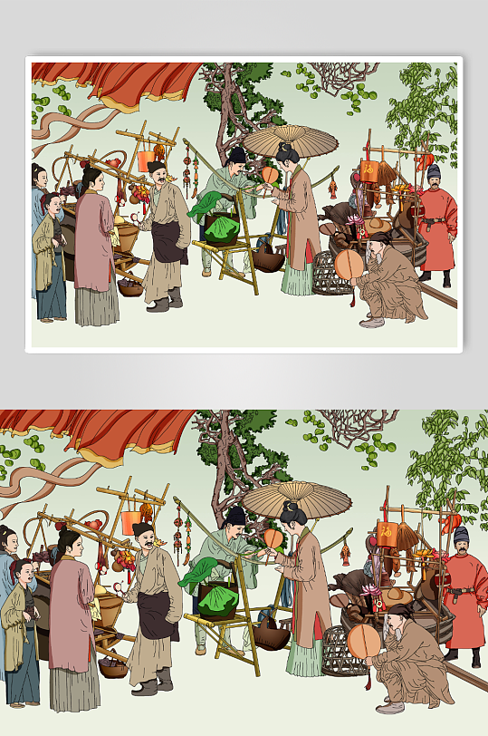 中国风美食市场贸易古代古风集市包子摊位人物插画