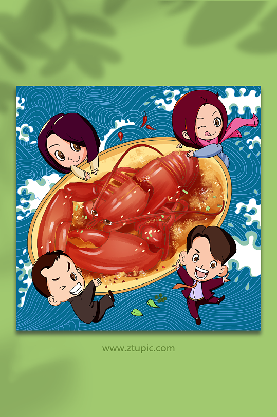 聚会餐饮海鲜小龙虾美食人物插画
