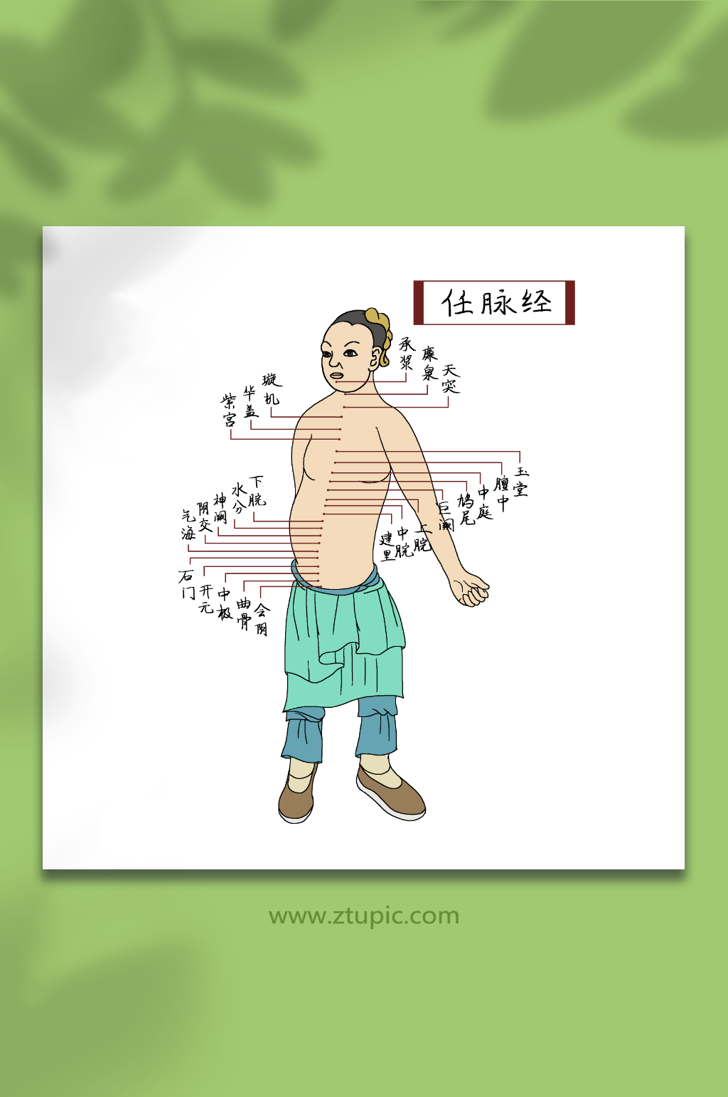 站着养生穴位中医推拿十四经络古代人物插画素材