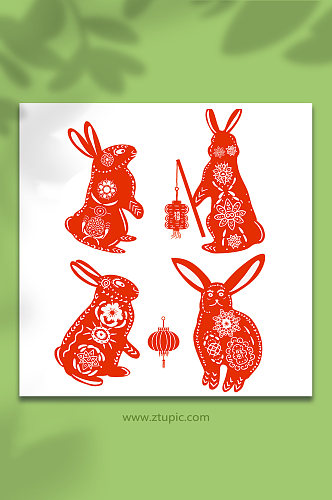 红色简约中国风兔年兔子剪纸插画