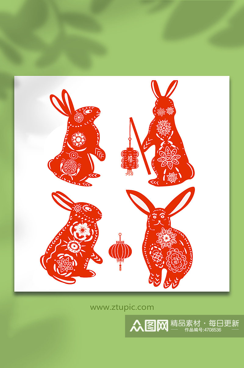 红色简约中国风兔年兔子剪纸插画素材