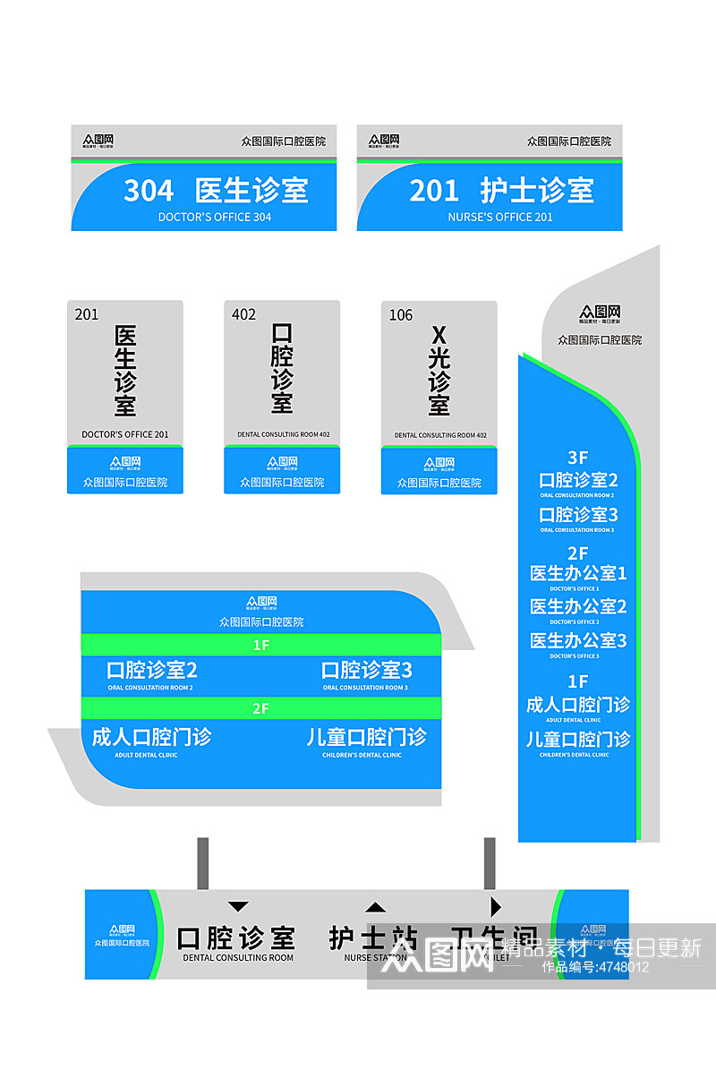 蓝色绿色简约大气口腔医院导视门牌科室牌素材