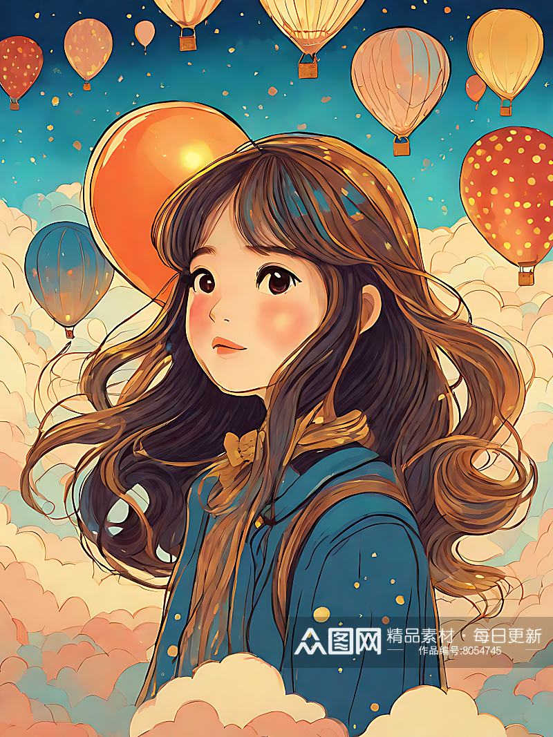 AI数字艺术卡通风气球与长发女孩素材
