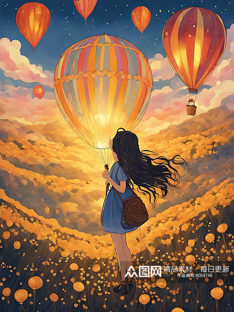 AI数字艺术卡通风气球与长发女孩素材