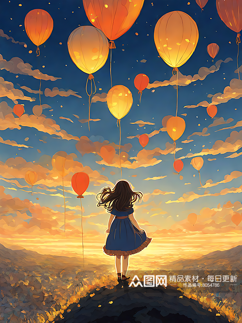 卡通风气球与长发女孩AI数字艺术素材