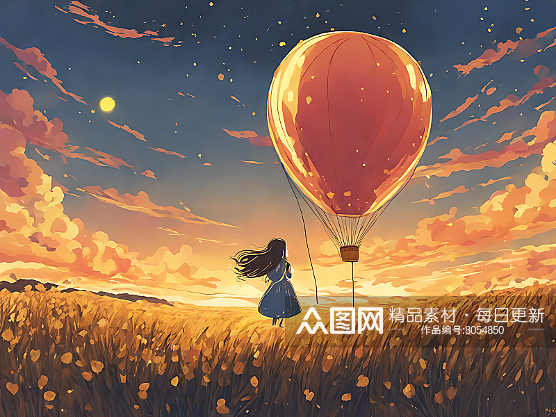 卡通风气球与长发女孩AI数字艺术素材