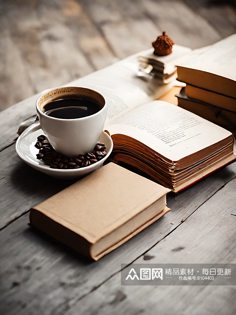 AI数字艺术摄影风桌面上的咖啡和书本素材