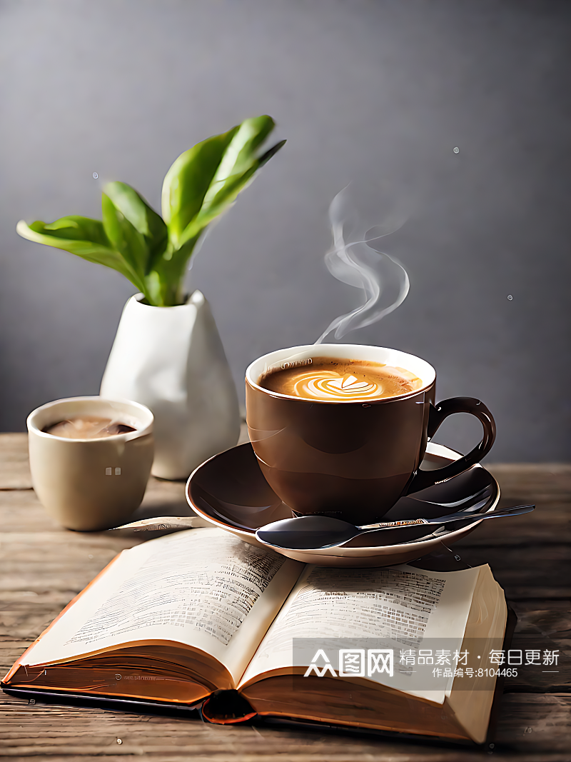 摄影风桌面上的咖啡和书本AI数字艺术素材
