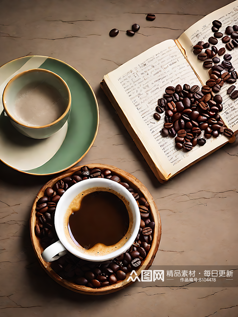 摄影风桌面上的咖啡和书本AI数字艺术素材