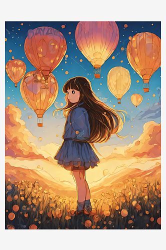 AI数字艺术卡通风气球与长发女孩