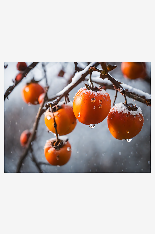 AI数字艺术摄影风树枝上滴水的柿子