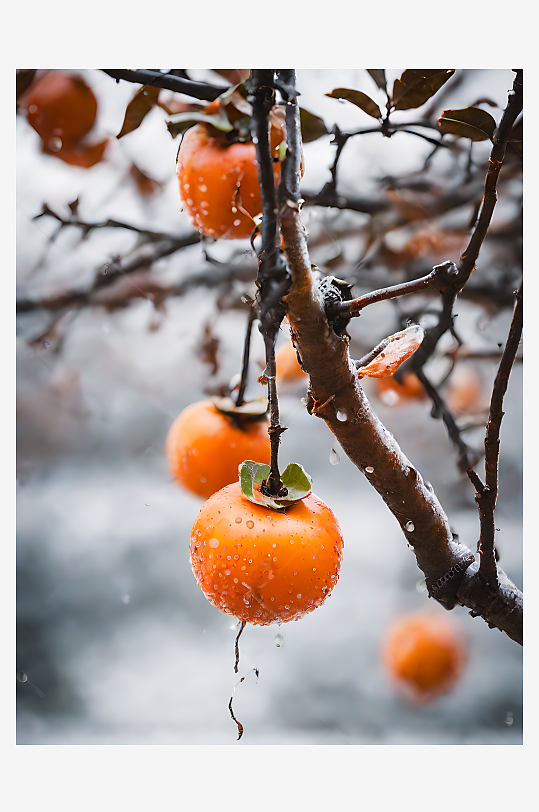 AI数字艺术摄影风树枝上滴水的柿子