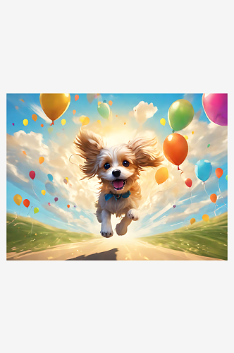 动漫风小狗和气球AI数字艺术