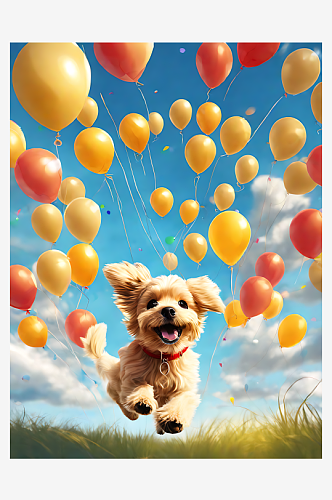 AI数字艺术动漫风小狗和气球