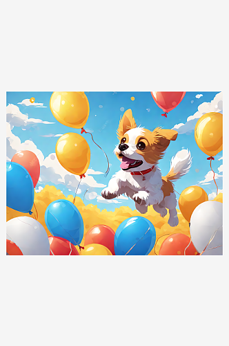 AI数字艺术动漫风小狗和气球