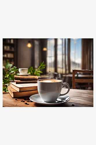 AI数字艺术摄影风桌面上的咖啡和书本