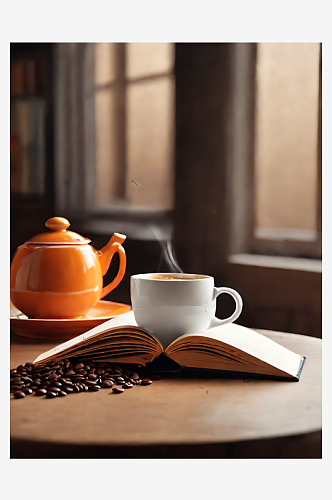 AI数字艺术摄影风桌面上的咖啡和书本