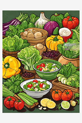 蔬菜卡通插画AI数字艺术