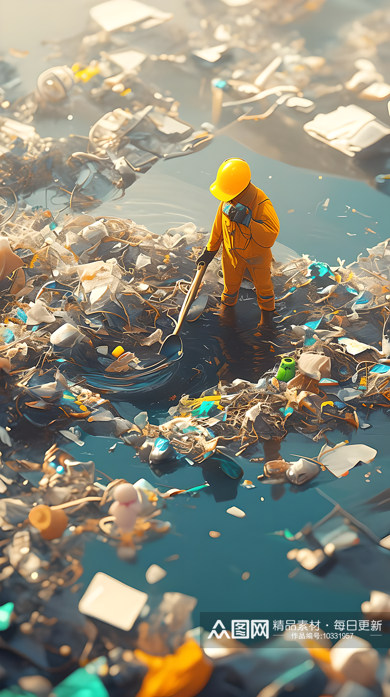 一名环保工人在河边清理垃圾素材