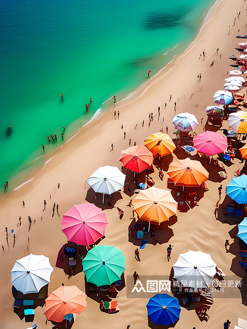 沙滩边摆放着一排排彩色的遮阳伞素材