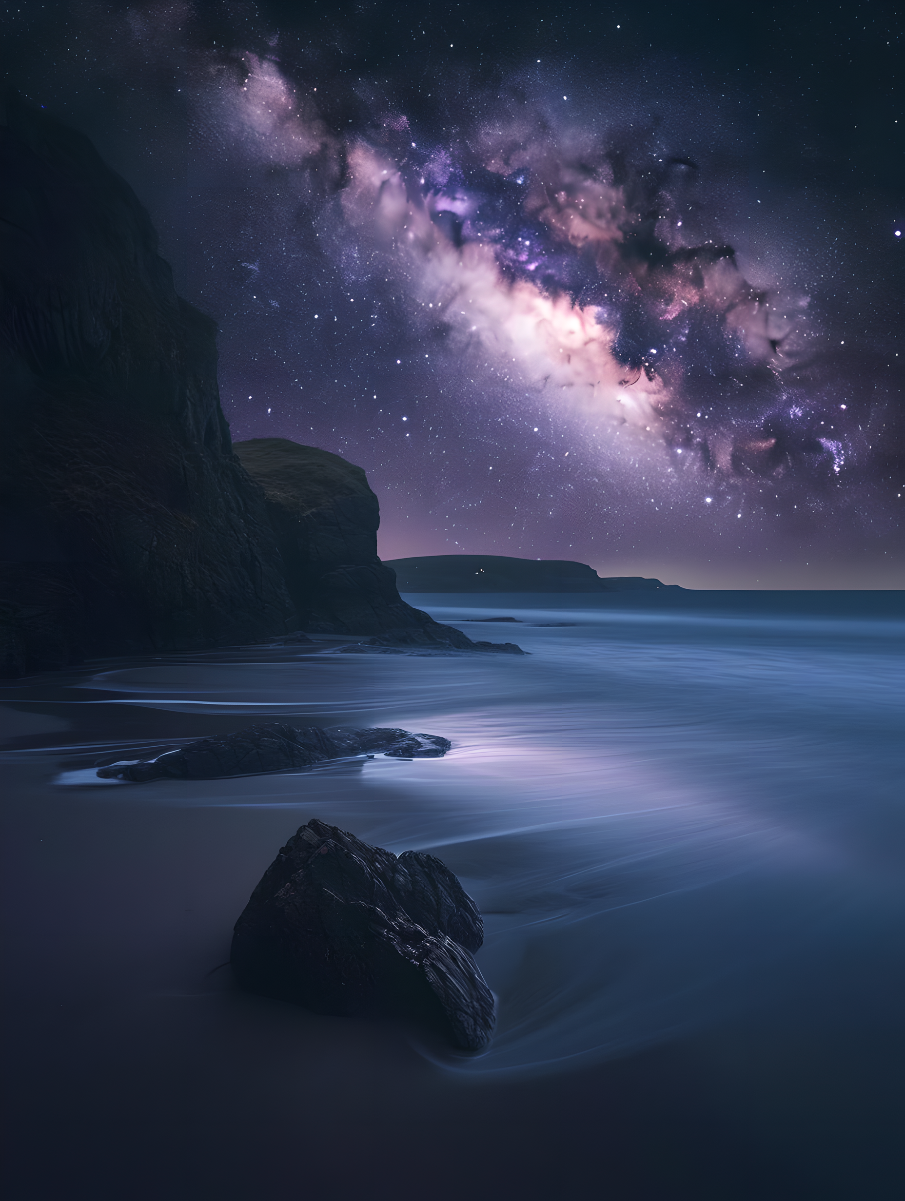星光洒在海面上映照出银色的海滩素材