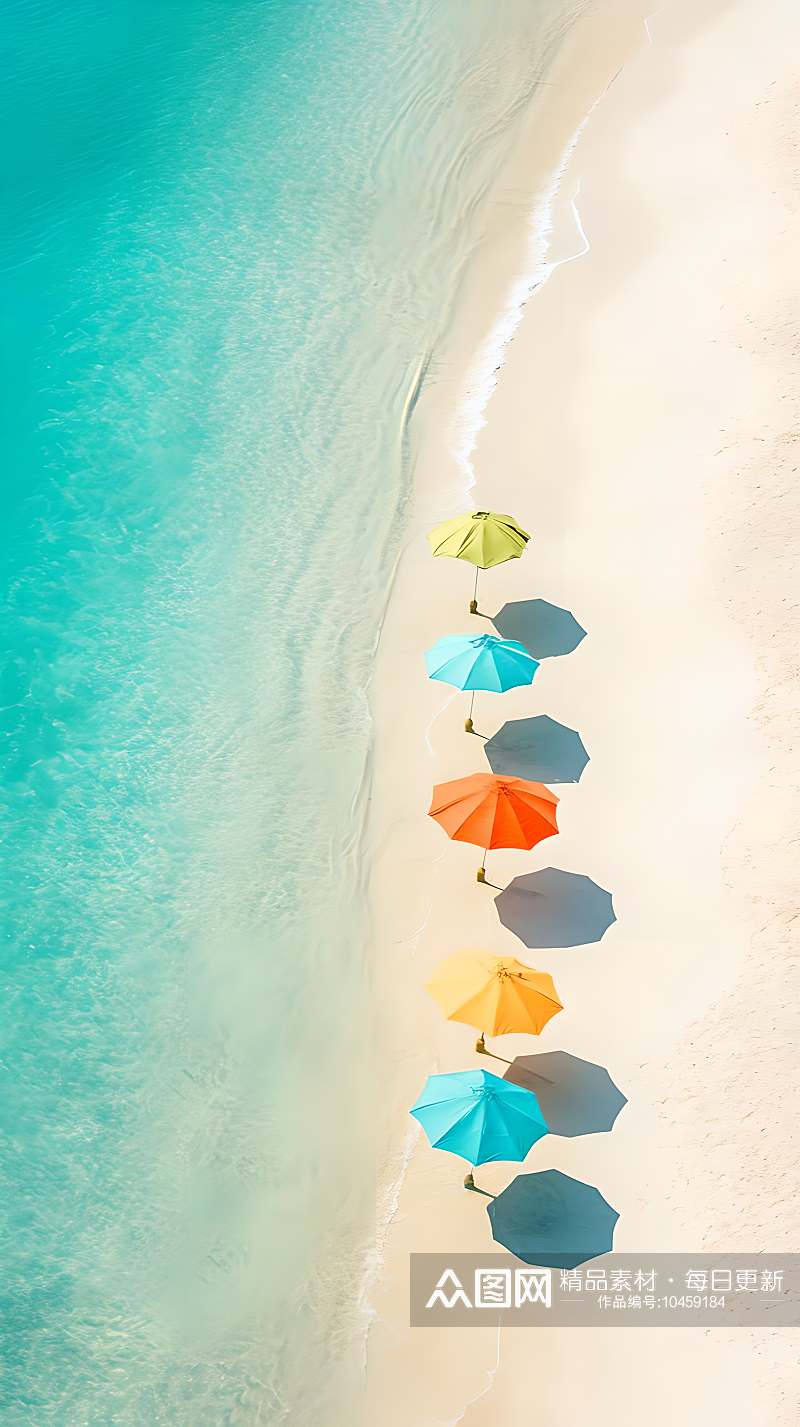 沙滩边摆放着一排排彩色的遮阳伞素材