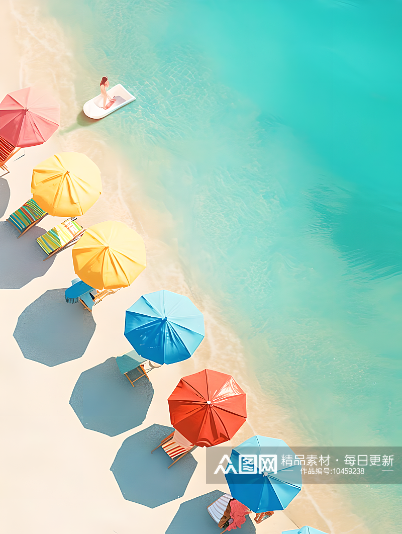 沙滩边摆放着一排彩色的遮阳伞素材