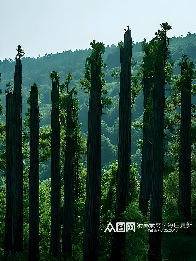 松树林覆盖山坡挺拔笔直向上素材