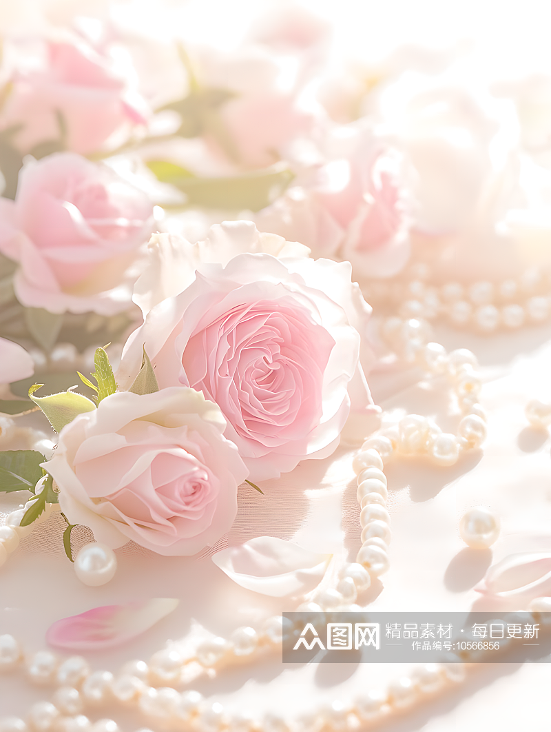 玫瑰花和珍珠白底背景素材