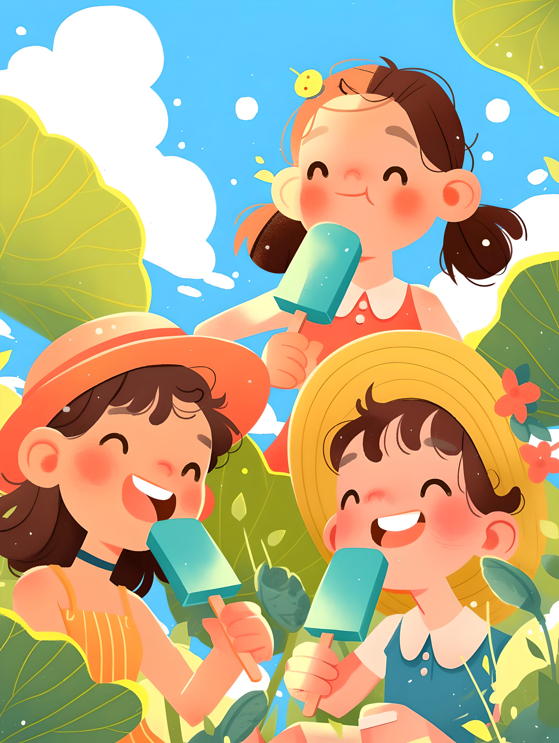 夏天孩子们吃着冰棍插画素材