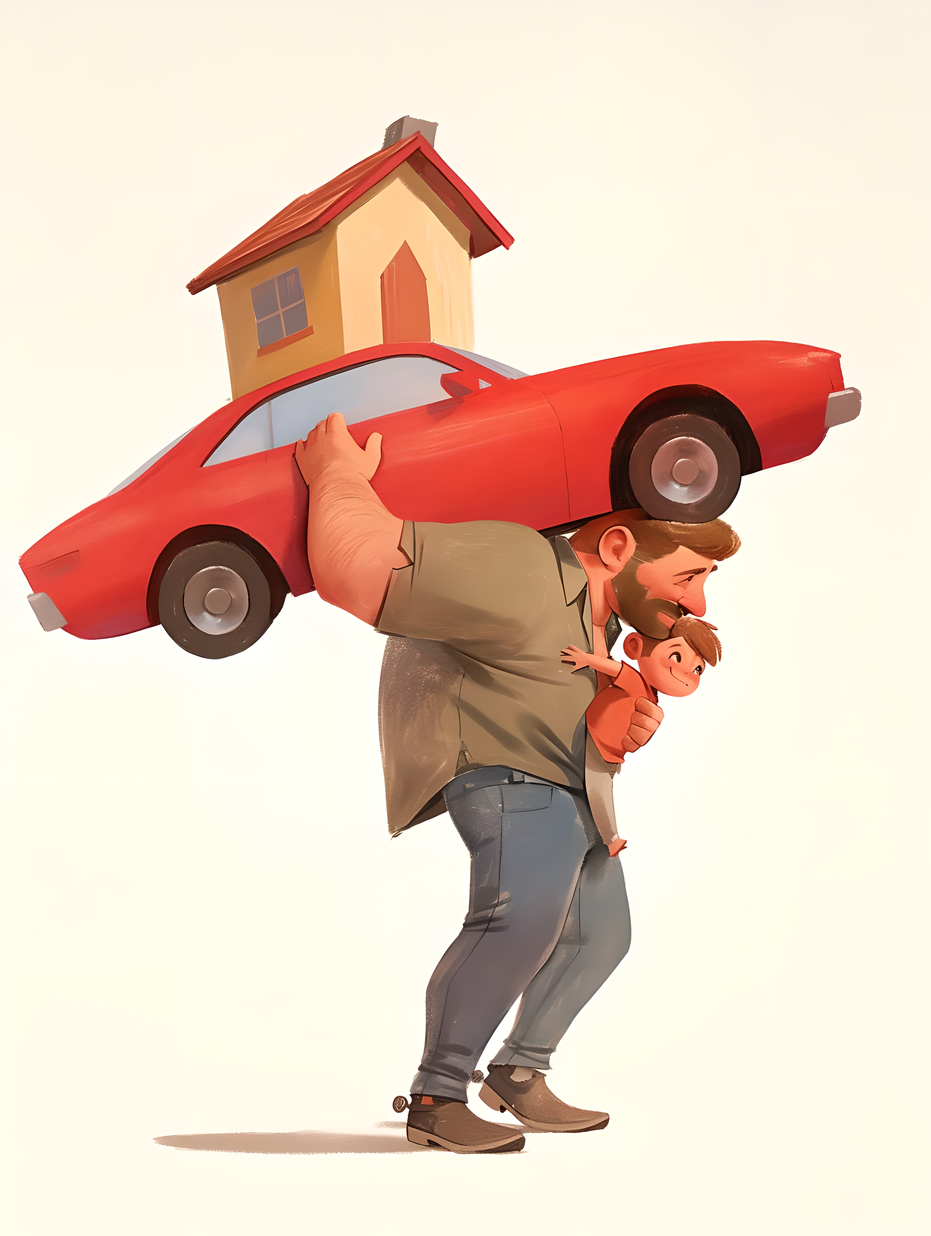 父子和房子车子白底插画素材
