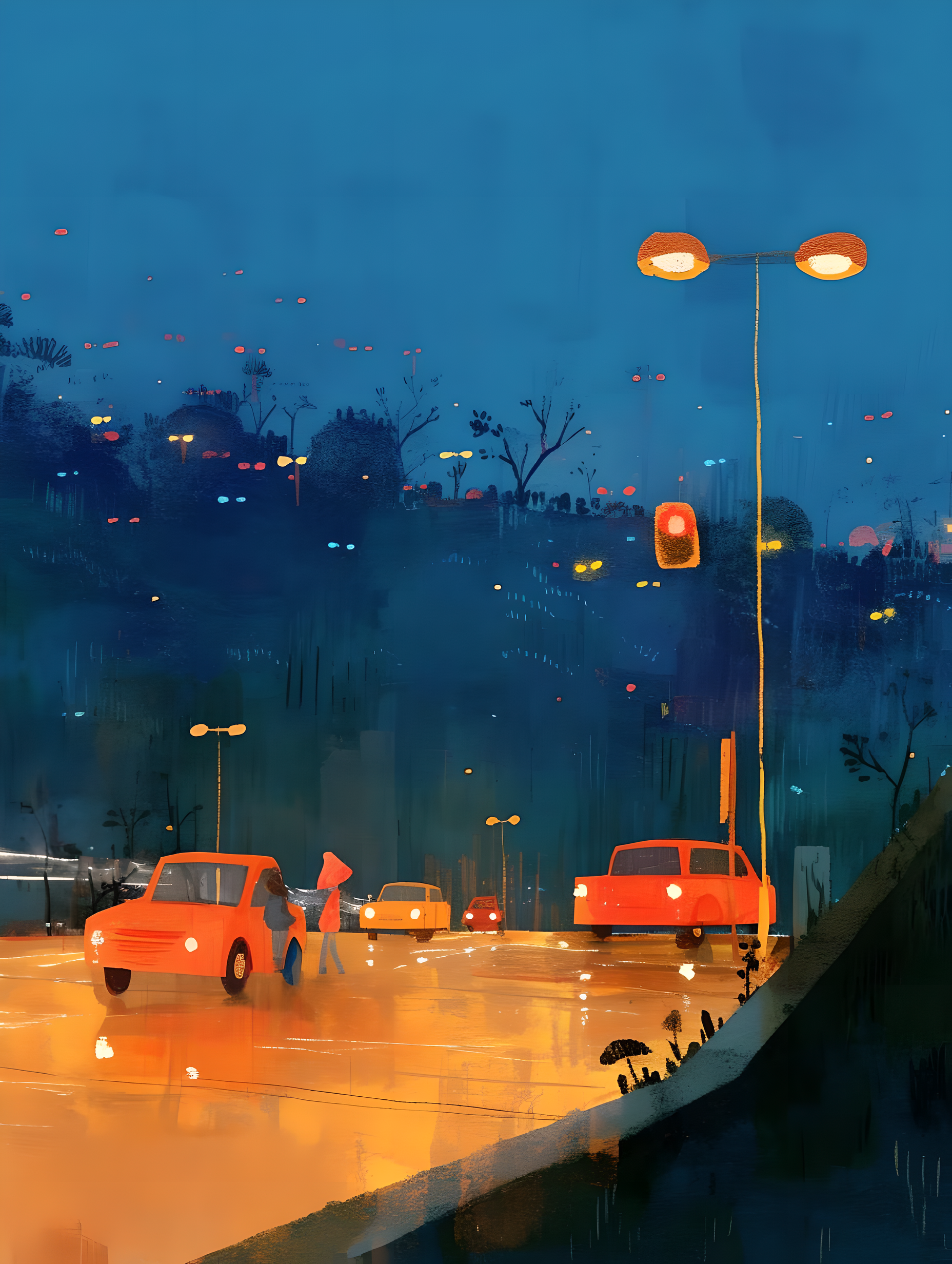 夜晚的街道车辆行驶插画素材