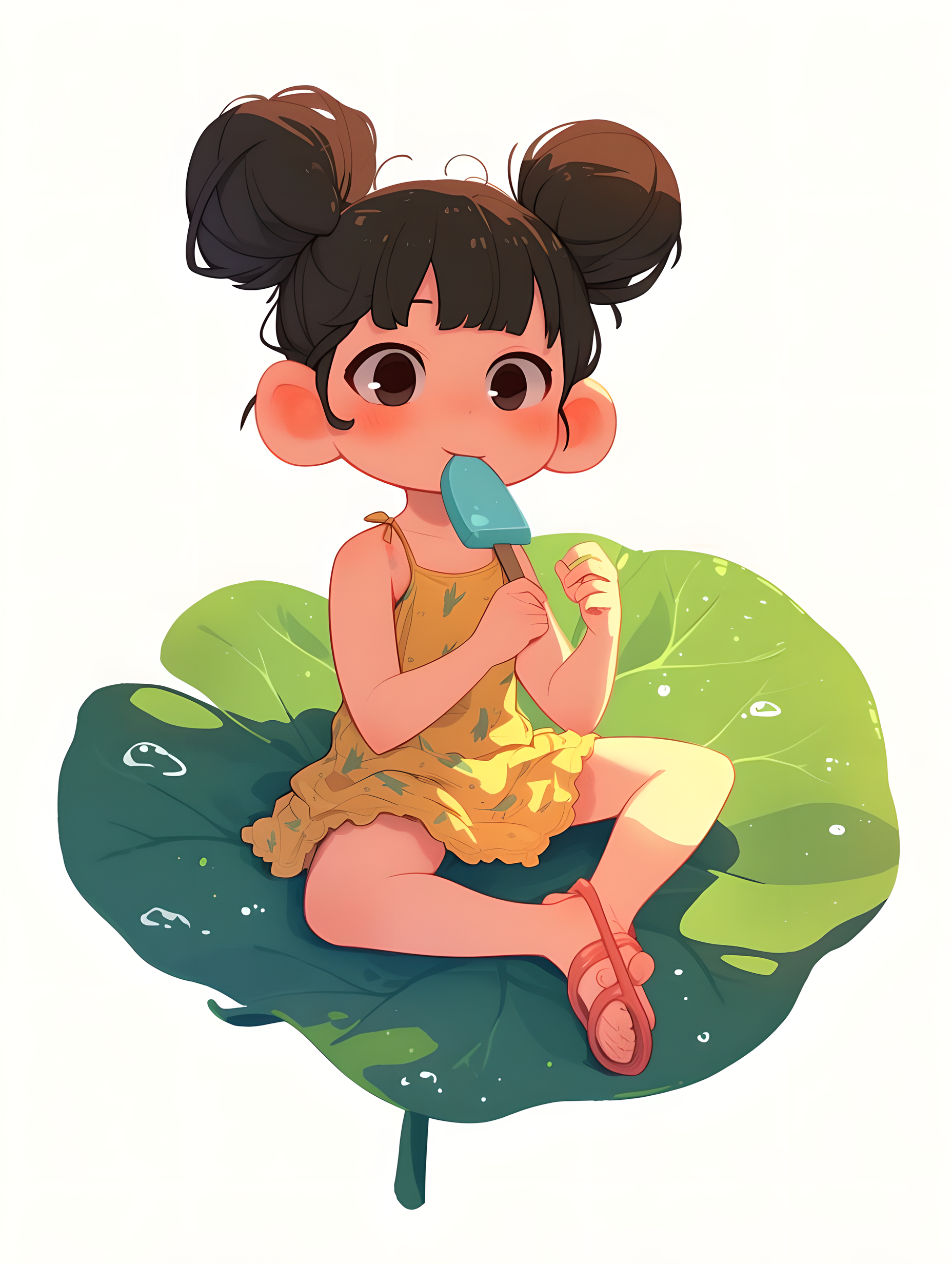 夏日荷塘孩子在吃冰淇淋插画素材
