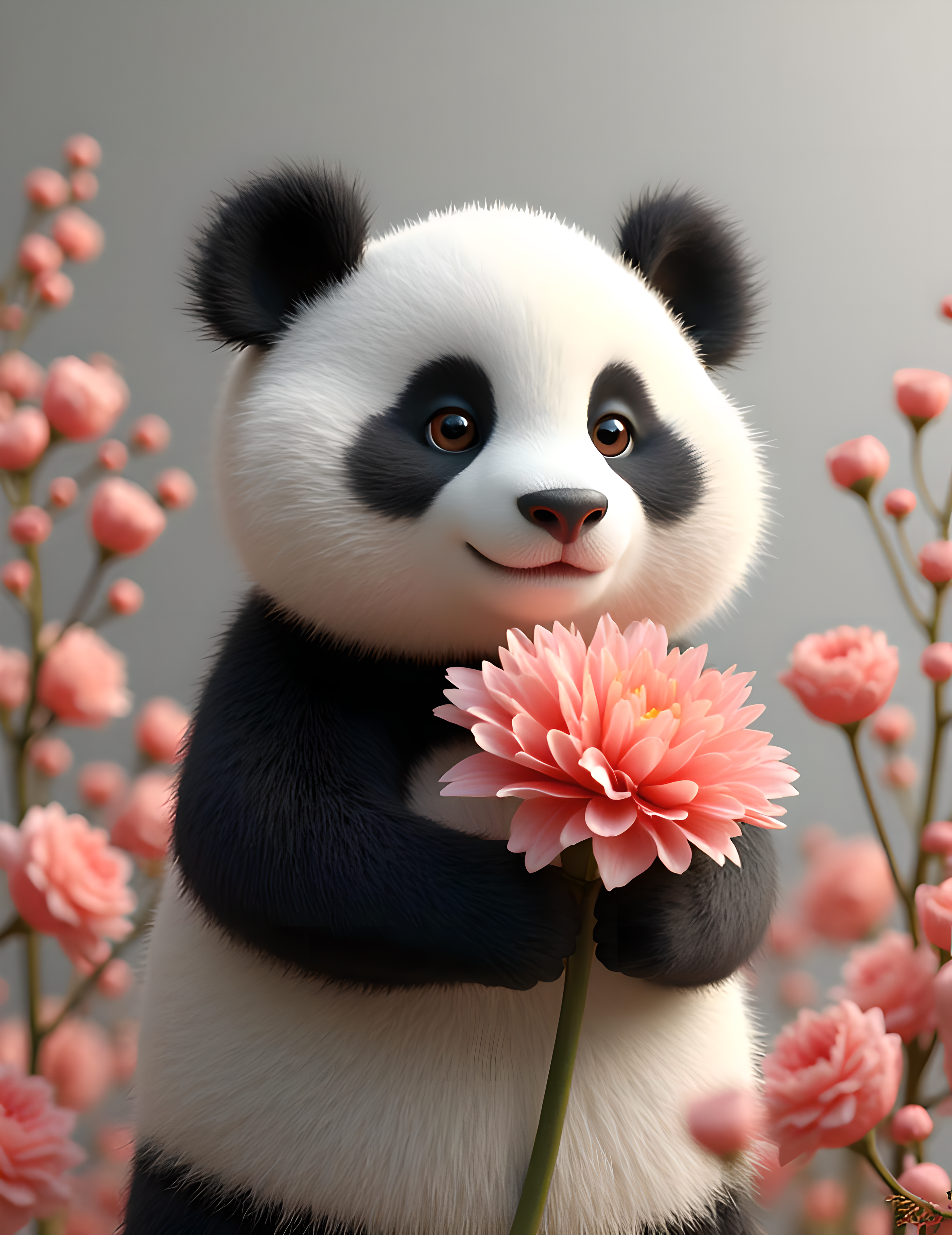 可爱的大熊猫抱着鲜花卡通平面插画效果图素材