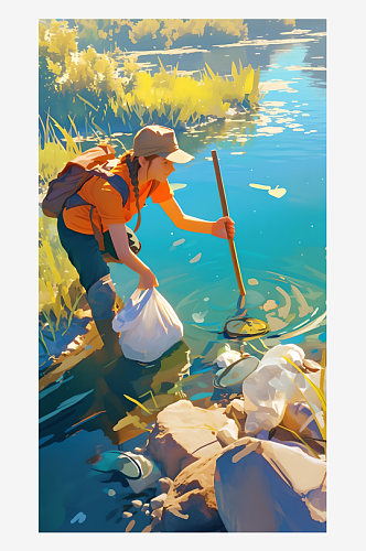 一名环保工人在河边清理垃圾