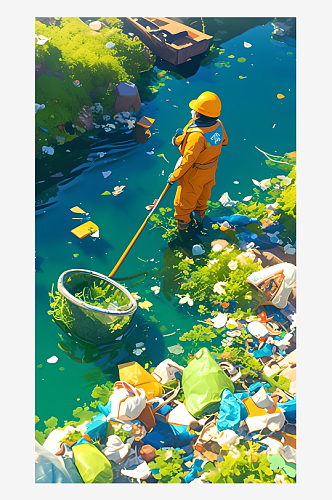 一名环保工人在河边清理垃圾