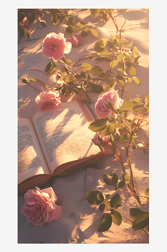 美丽的玫瑰花和书籍在沙滩上