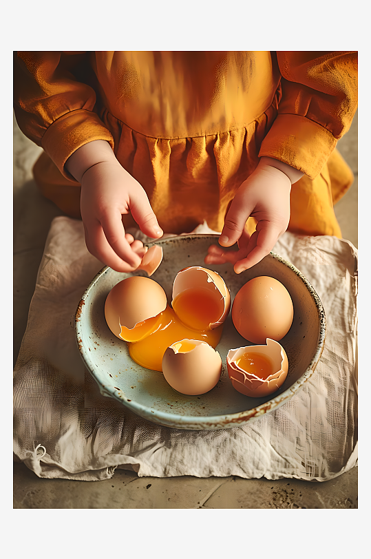 孩子在打鸡蛋准备做食物摄影图