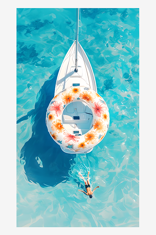 水上娱乐小船和游泳圈插画