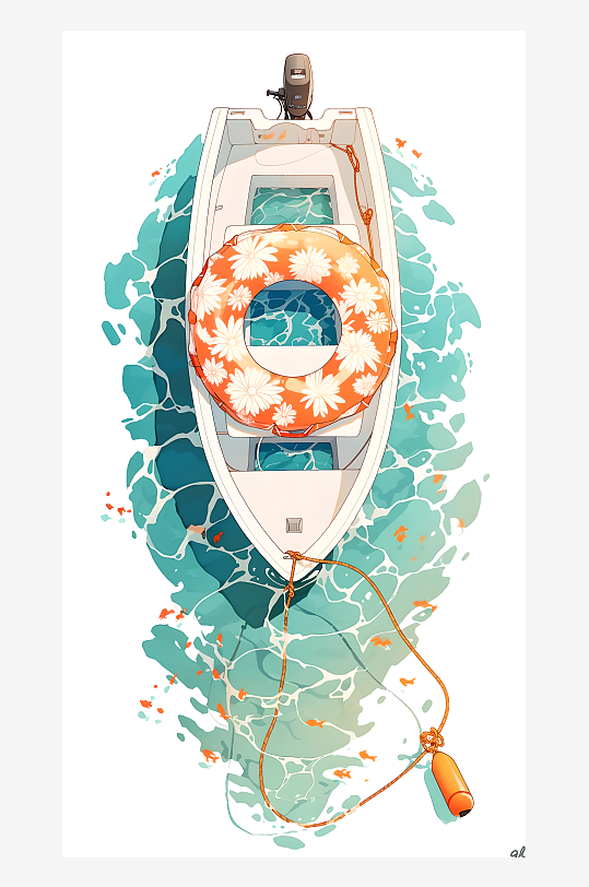 水上娱乐小船和游泳圈插画